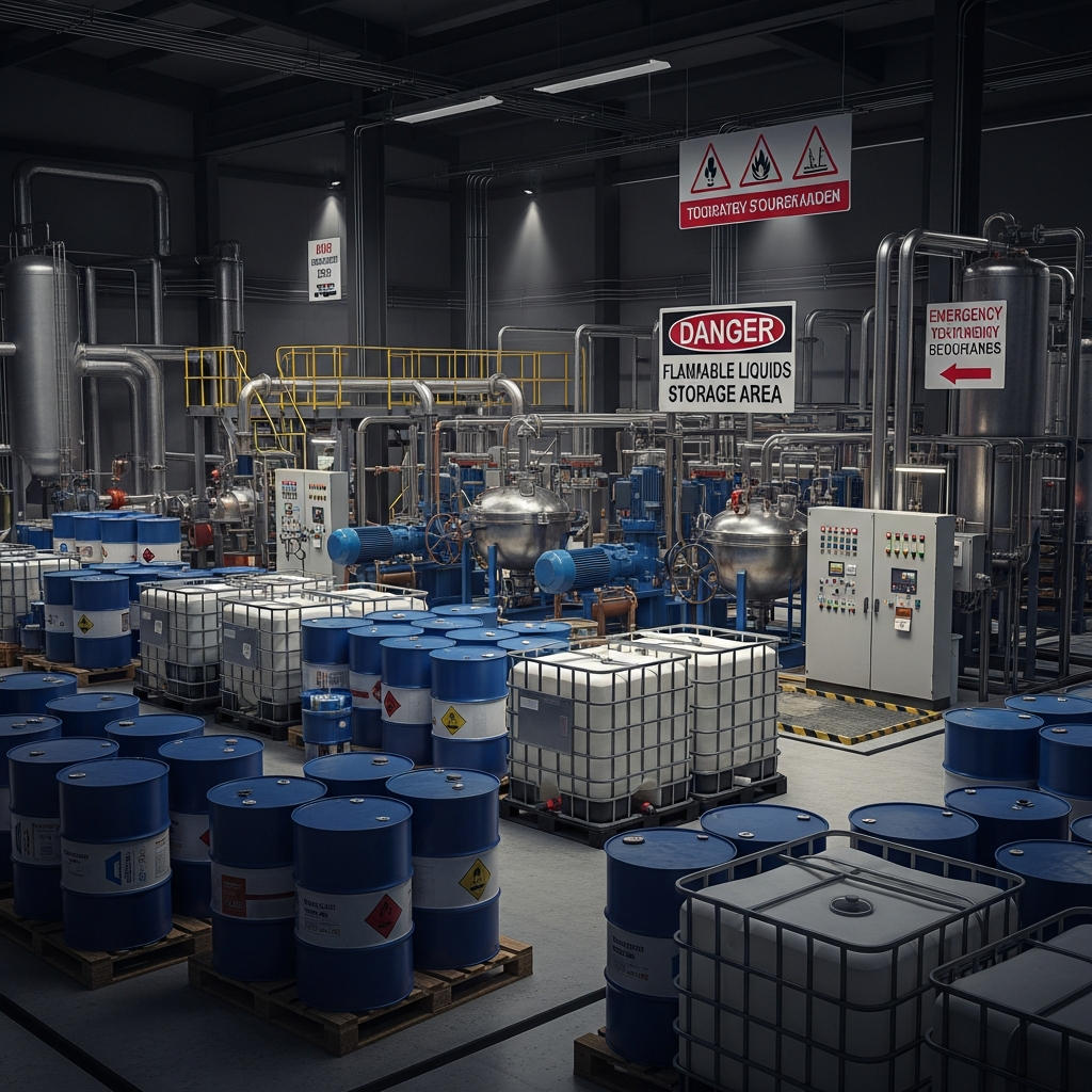 Oil well chemical storage facility with industrial containers